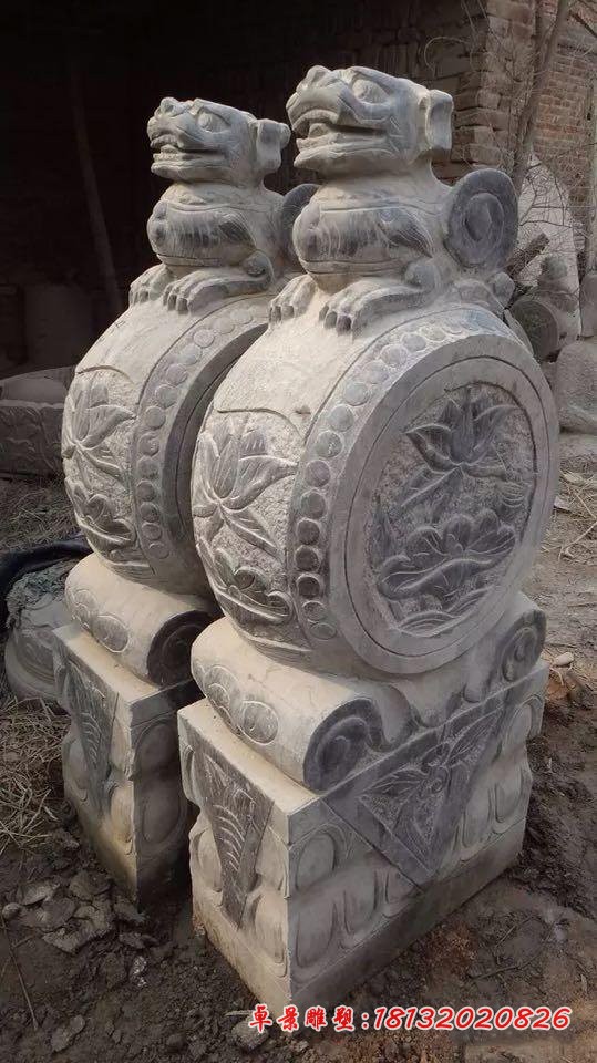 荷花浮雕抱鼓石仿古狮子门墩石雕