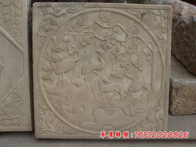 鹤鹿同春石浮雕 公园墙壁仿古石浮雕