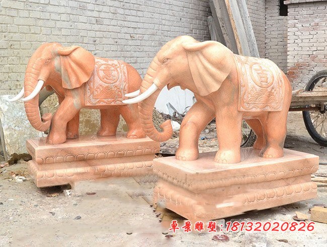 吉祥如意大象石雕 晚霞红大象雕塑