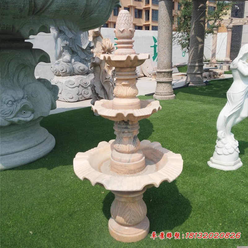 跌水盆石雕，晚霞红景观雕塑 