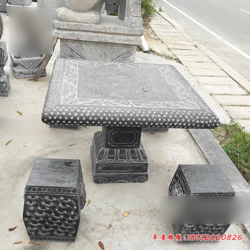 方桌石雕，青石仿古桌椅