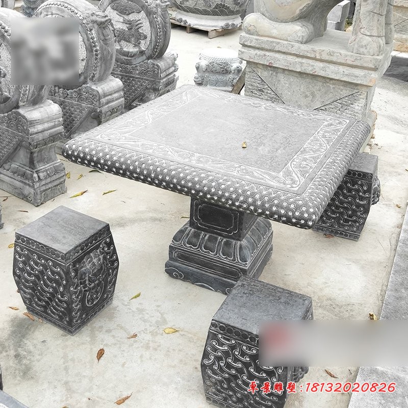 方桌石雕，青石仿古桌椅