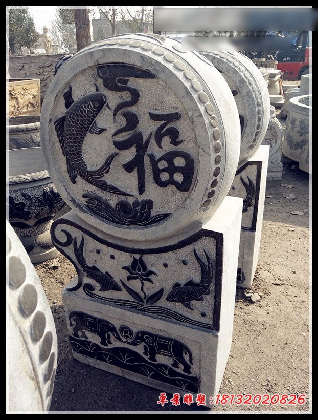 仿古石雕门墩，青石抱鼓 