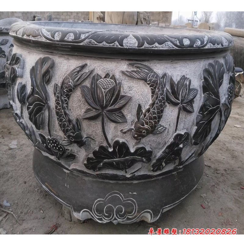 仿古石雕水缸，荷花浮雕水盆 