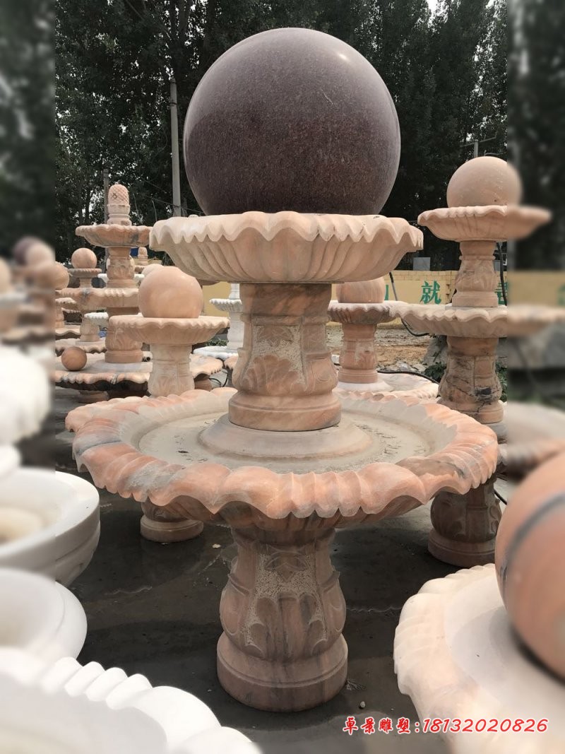 风水球石雕，晚霞红景观石雕