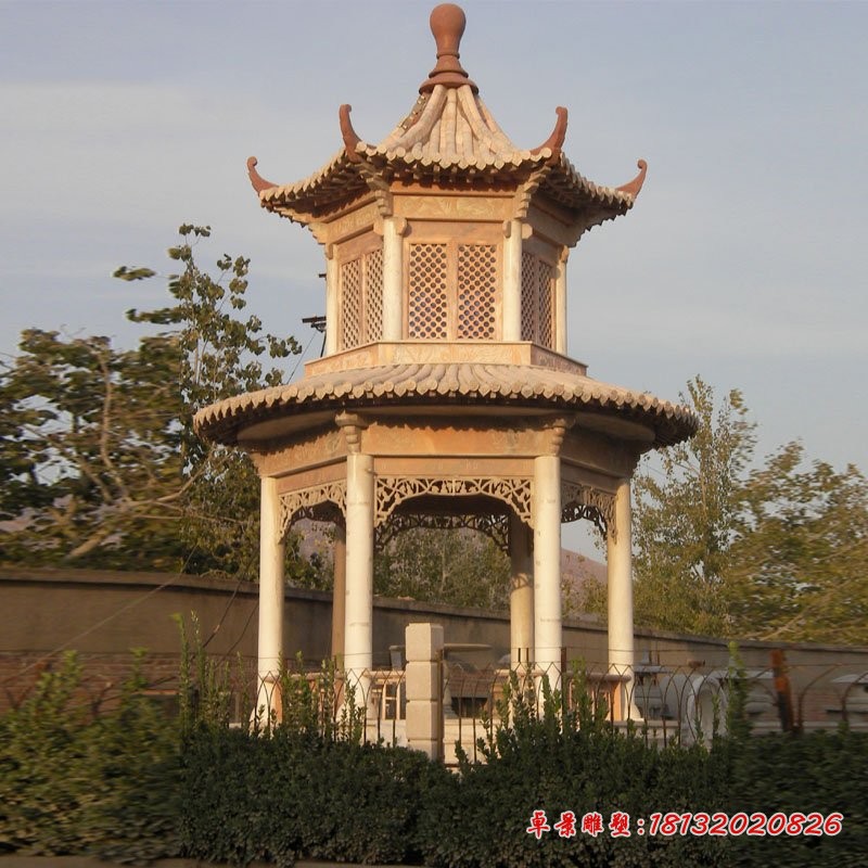 公园景观石凉亭，晚霞红双层凉亭