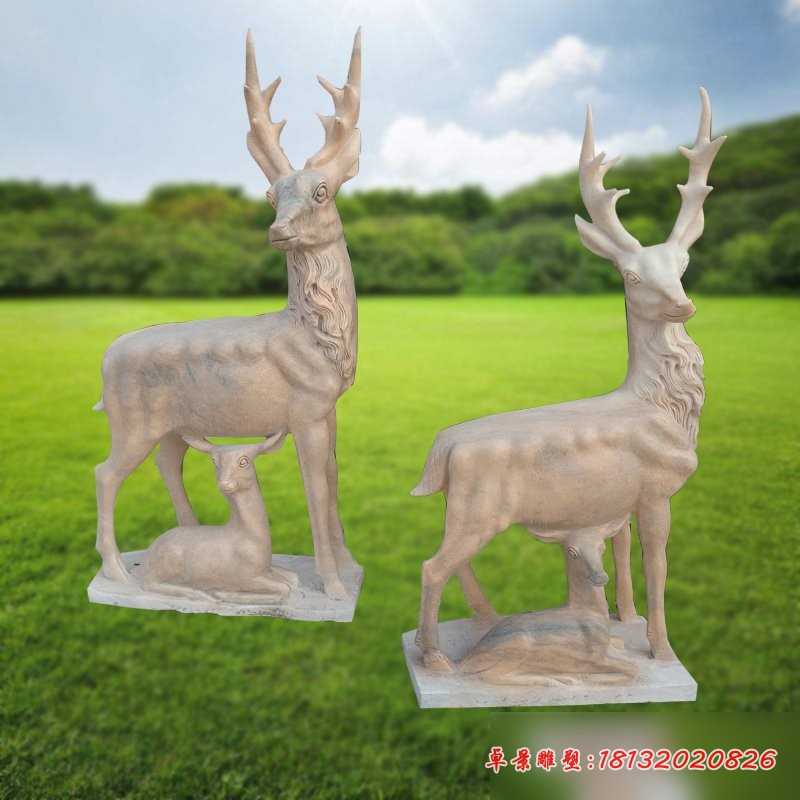 公园母子鹿石雕，晚霞红动物石雕