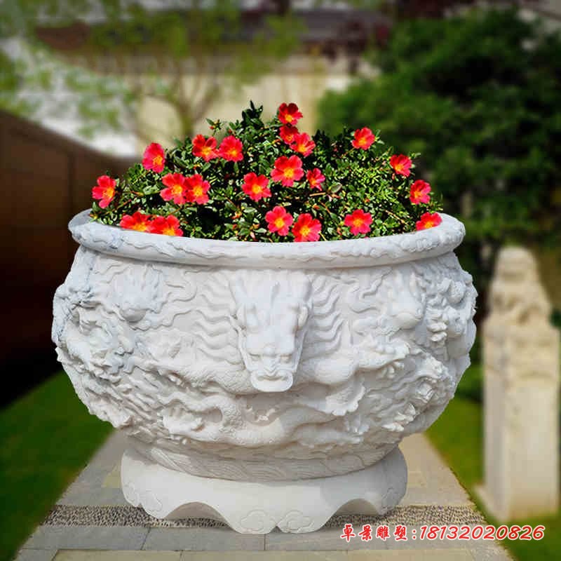 龙浮雕花盆，汉白玉石雕水缸