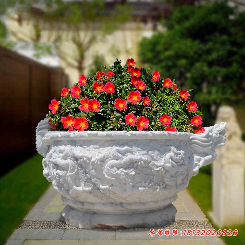 龙浮雕花盆，汉白玉石雕水缸 