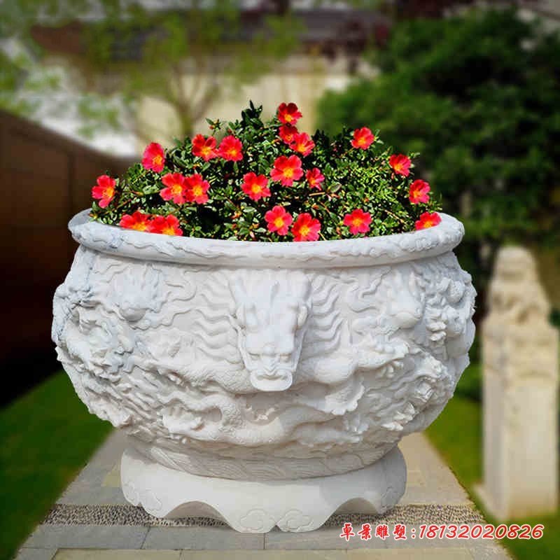 龙浮雕花盆，汉白玉石雕水缸 