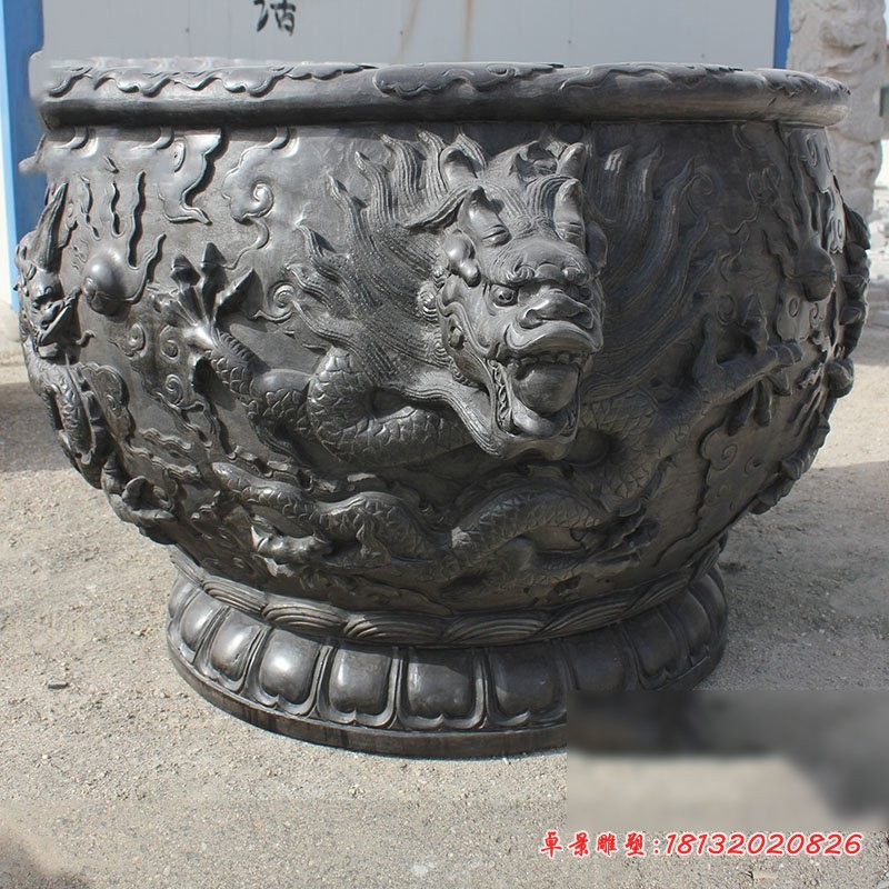 龙浮雕水盆，仿古石雕水缸