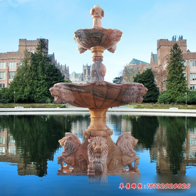 欧式狮子石喷泉，晚霞红广场景观石雕