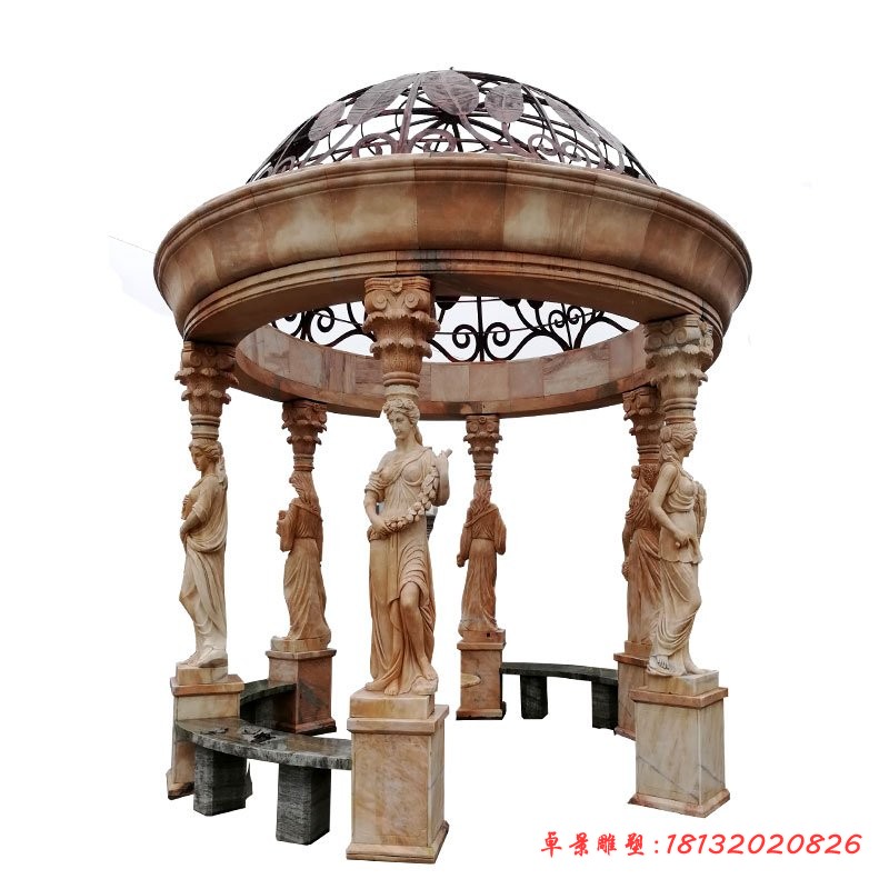 欧式圆顶凉亭，晚霞红西方人物石亭子