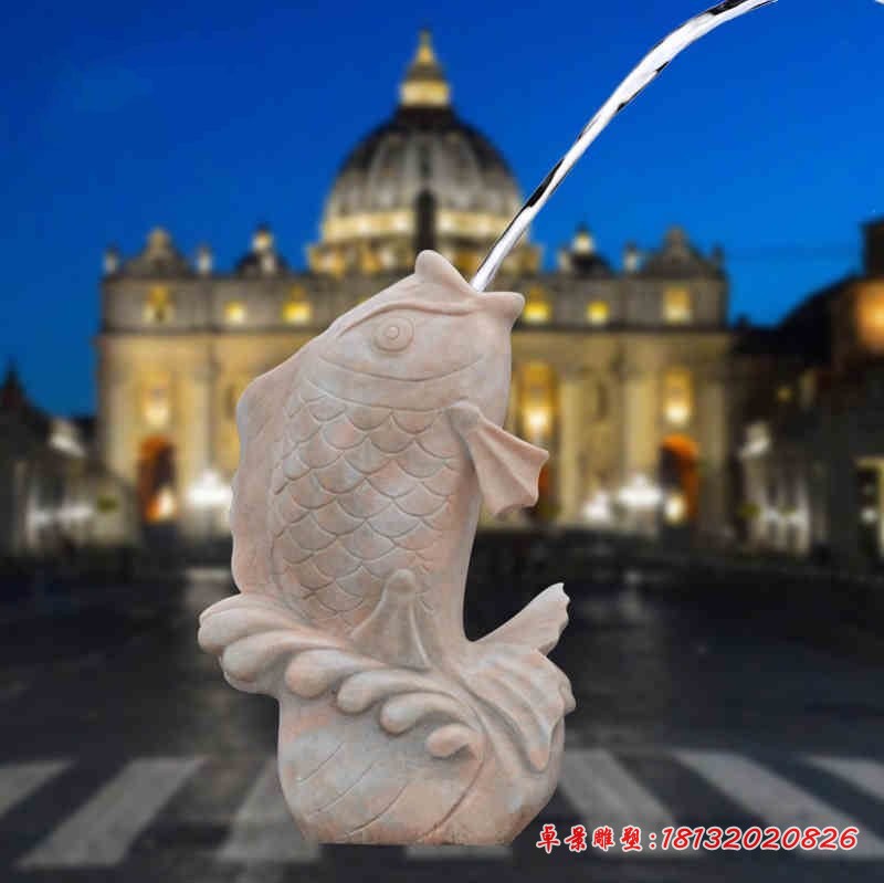 喷水鱼石雕，晚霞红石雕鱼 (3)