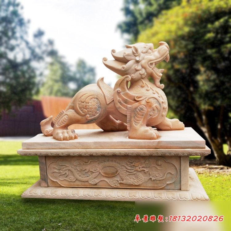 貔貅石雕，晚霞红招财貔貅