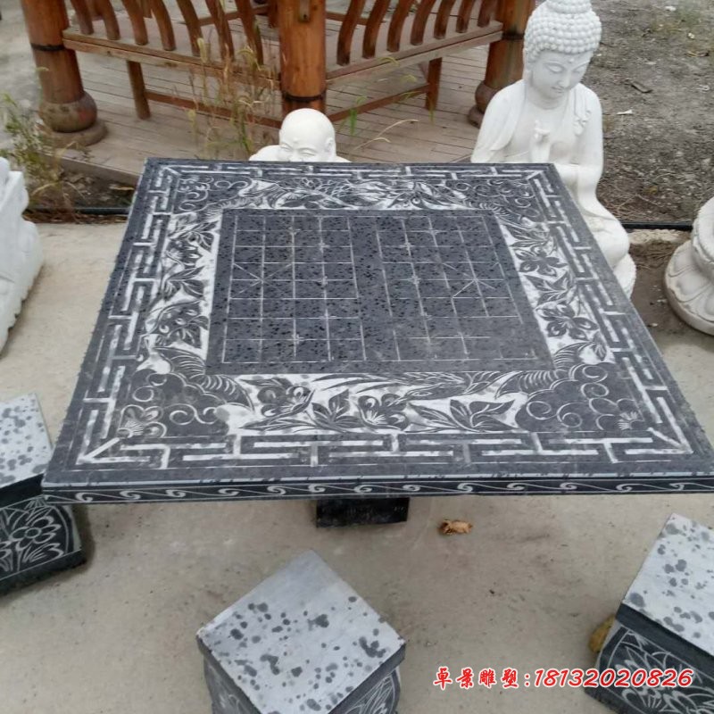 棋盘桌子石雕，青石方桌方凳 