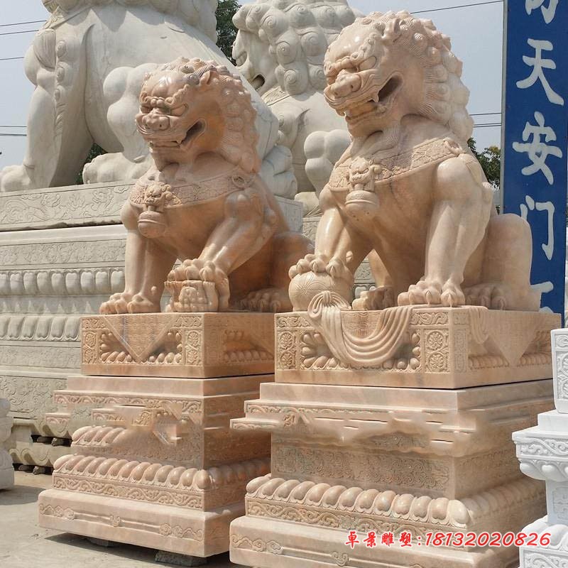 石雕北京狮晚霞红踩球狮子雕塑