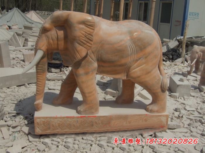 石雕大象晚霞红镇宅大象雕塑