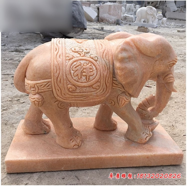 石雕小象摆件，晚霞红如意小象石雕 (2)