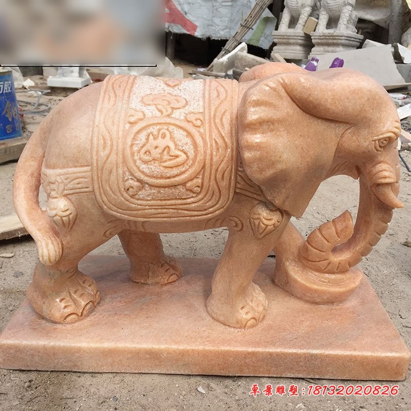 石雕小象摆件，晚霞红如意小象石雕 (1)