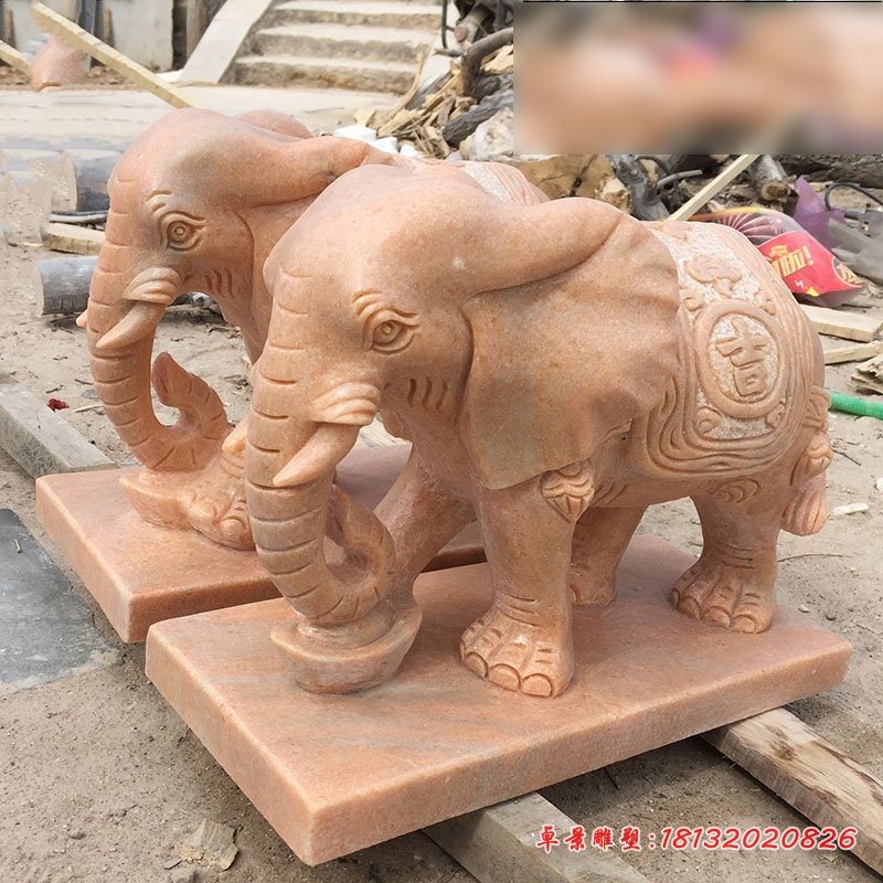 石雕小象摆件，晚霞红如意小象石雕 (4)