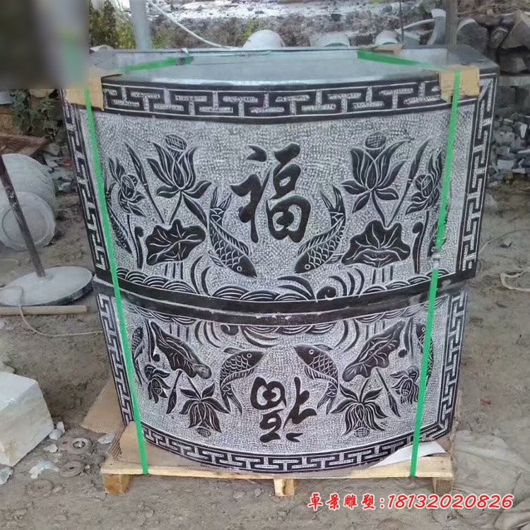 石浮雕水缸，青石水缸