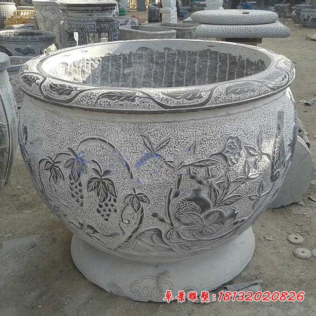 石榴葡萄浮雕水缸 青石仿古公园水缸