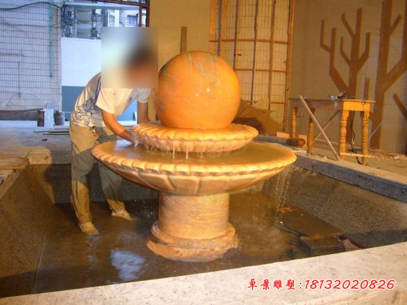 时来运转风水球石雕 晚霞红双层风水球喷泉 