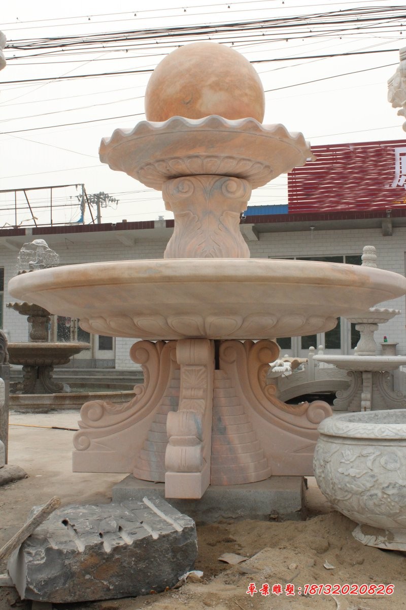 双层风水球喷泉石雕晚霞红喷泉雕塑