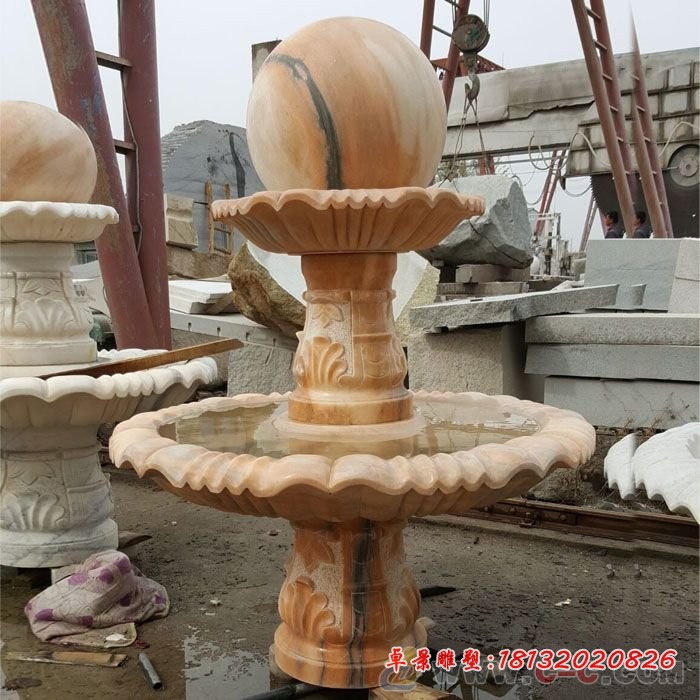 双层风水球石雕,晚霞红风水球喷泉雕塑