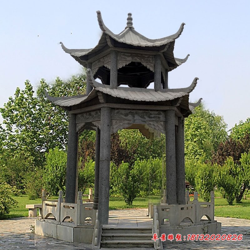 双层凉亭石雕，青石凉亭雕塑