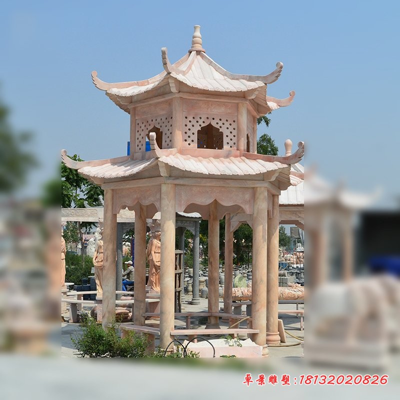 双层凉亭石雕，晚霞红石亭子