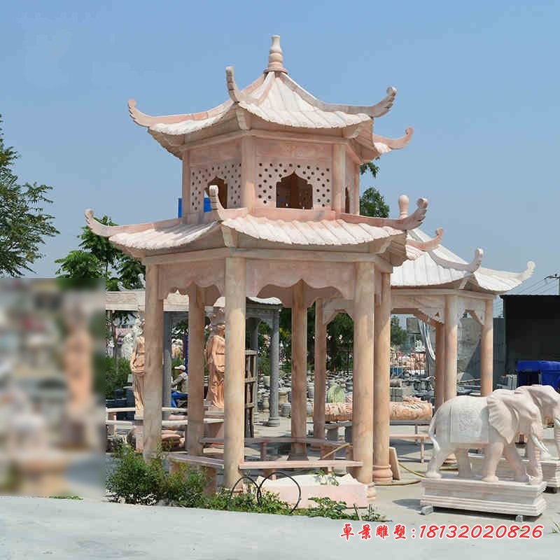 双层凉亭石雕，晚霞红景观雕塑