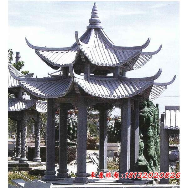 双层六角凉亭石雕。 公园石雕凉亭