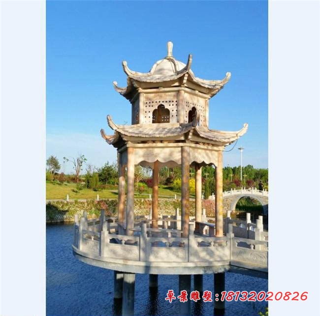双层凉亭石雕晚霞红公园凉亭雕塑