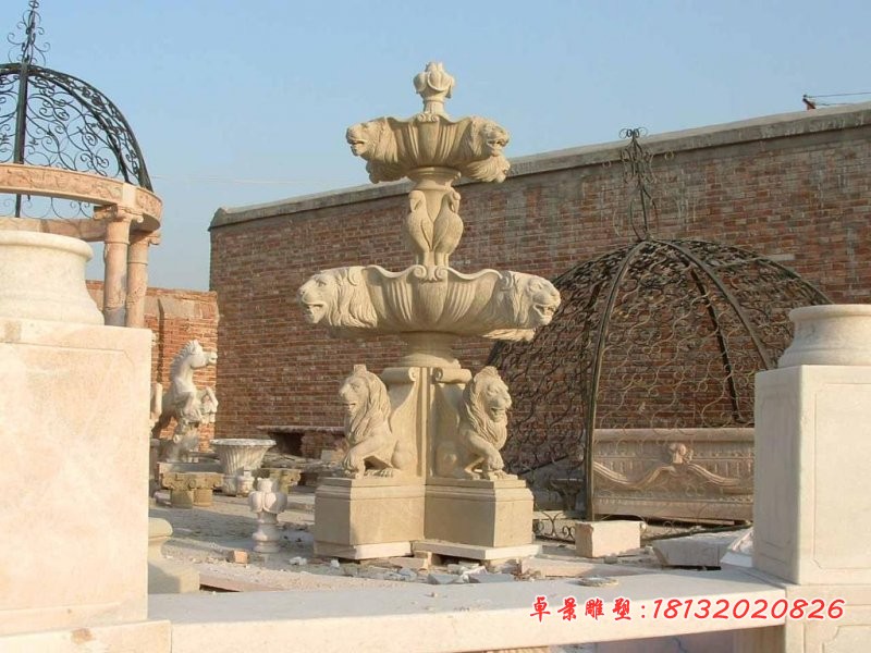 双层狮子头喷泉石雕,砂岩公园喷泉石雕