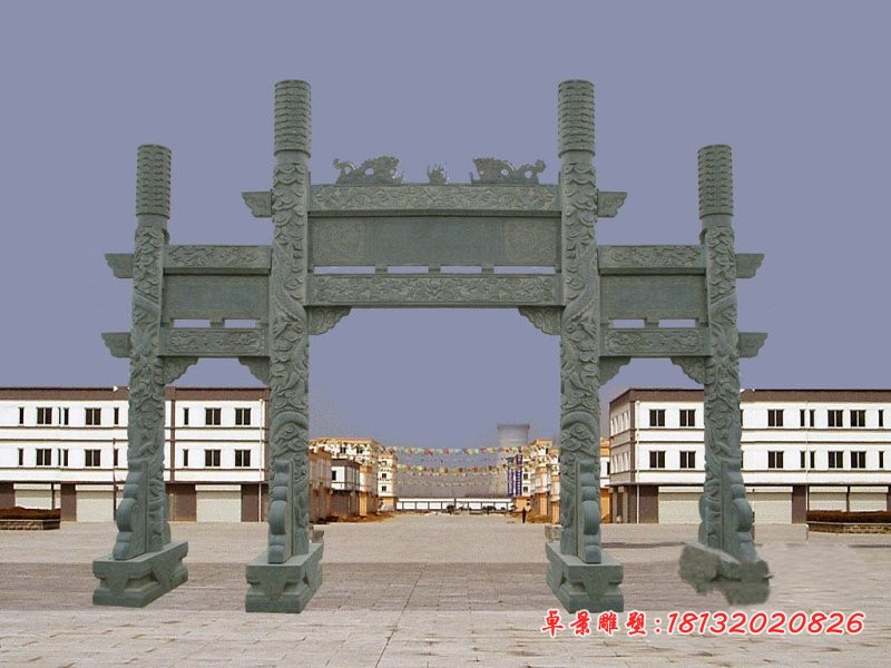 双龙戏珠三门牌坊石雕青石牌坊雕塑