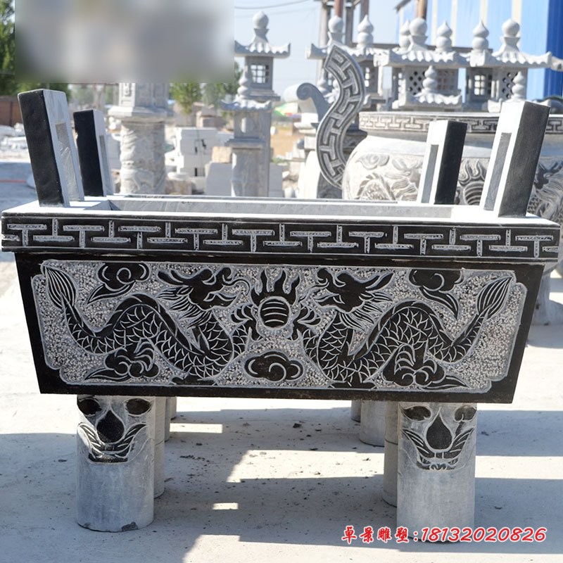 双龙戏珠石浮雕香炉，寺庙青石香炉