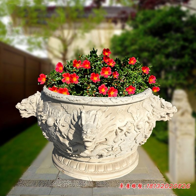 水缸石雕，龙浮雕水缸