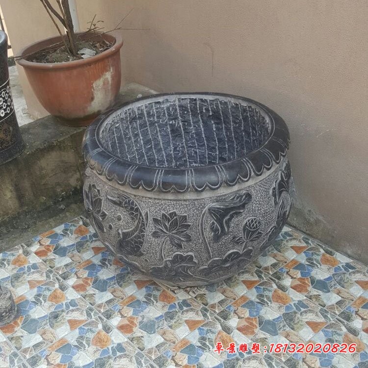 水缸石雕，青石圆形鱼缸