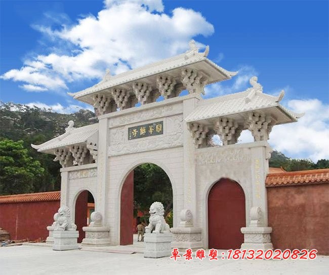 寺庙拱门牌坊石雕,大理石三门牌楼石雕