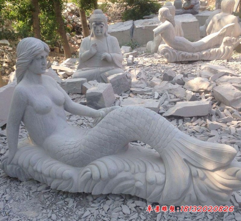 大理石美人鱼石雕  园林景观雕塑