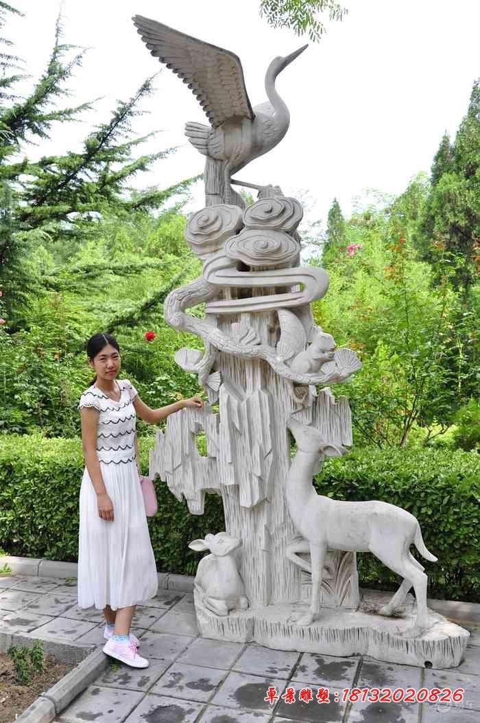 大理石松树和梅花鹿仙鹤  公园景观石雕