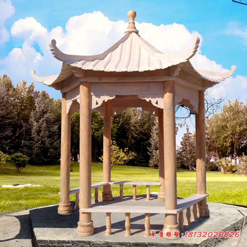 公园石雕凉亭，晚霞红亭子石雕