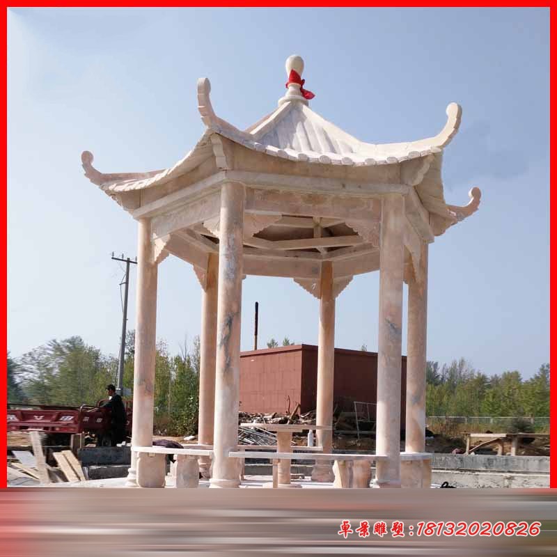 公园石凉亭，晚霞红亭子