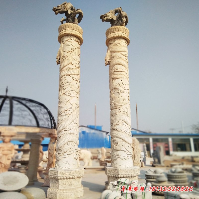 广场石雕龙柱，仿古石雕盘龙柱 
