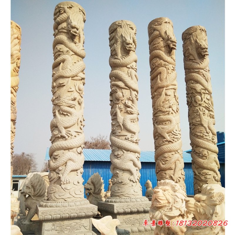 广场石雕龙柱，仿古石雕盘龙柱 