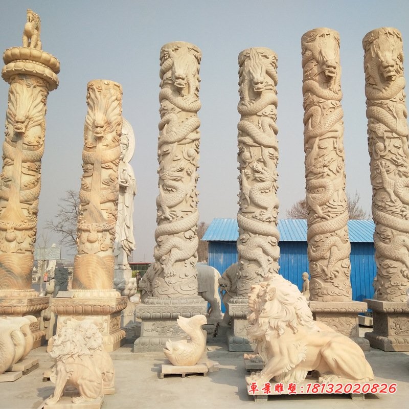 广场石雕龙柱，仿古石雕盘龙柱 