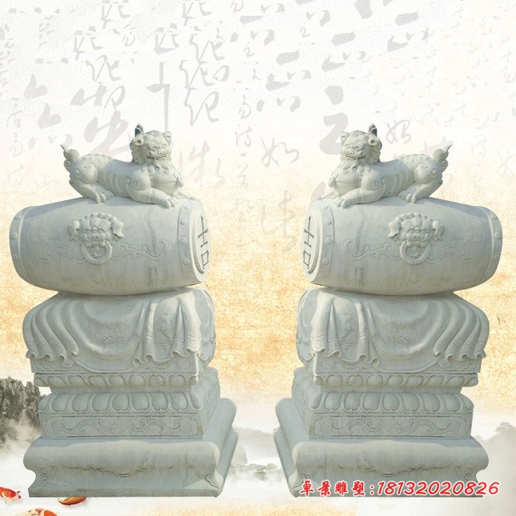 汉白玉抱鼓石雕塑，门口门墩石雕