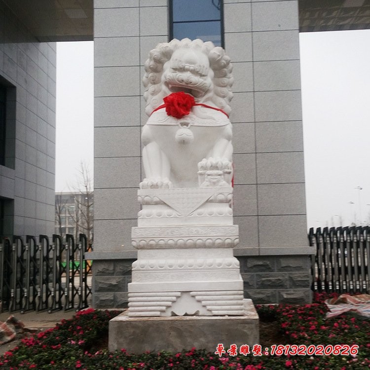 汉白玉看门狮，北京狮石雕 